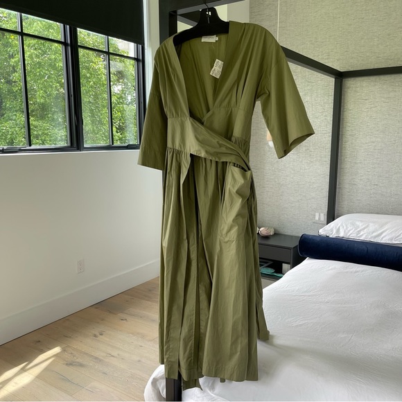 Three Graces London Charita Green Cotton-poplin Wrap Dress In Khaki Army Green - Picture 2 of 15